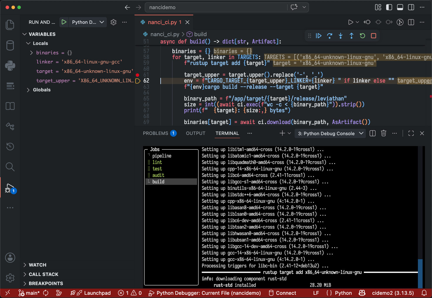 Debugging a Nanci pipeline in VS Code